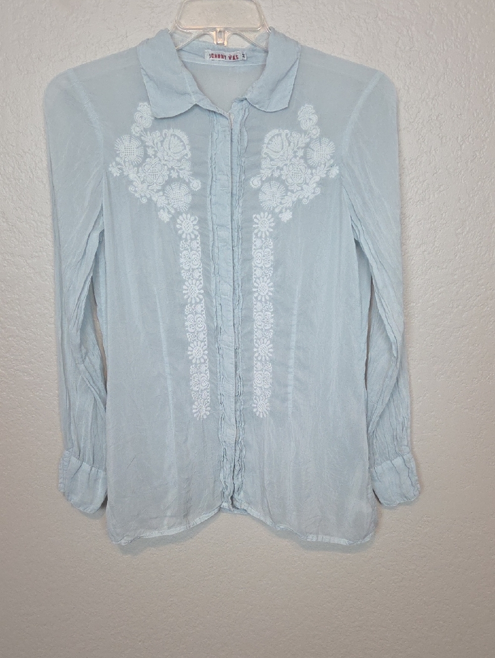 Johnny Was Pale Blue Embroidered Snap Down Blouse